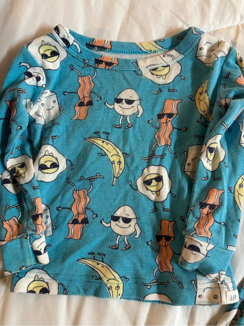 GAP Kids Teal Blue Breakfast Print Pajama Set bacon eggs & banana 18-24 months